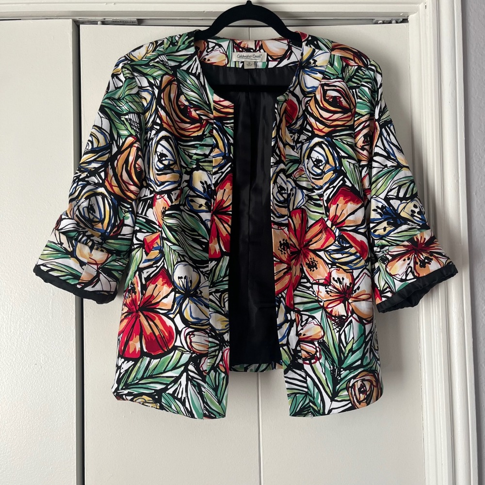 Coldwater Creek Floral Print Jacket Open Front 3/4 Sleeve Colorful Size 10‎